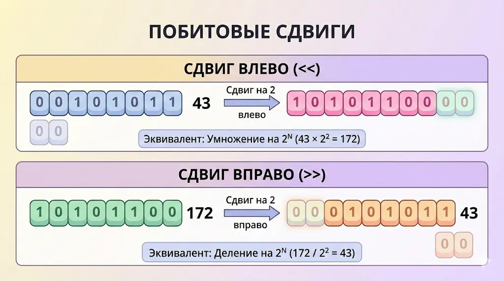Иллюстрация побитовых сдвигов влево и вправо.