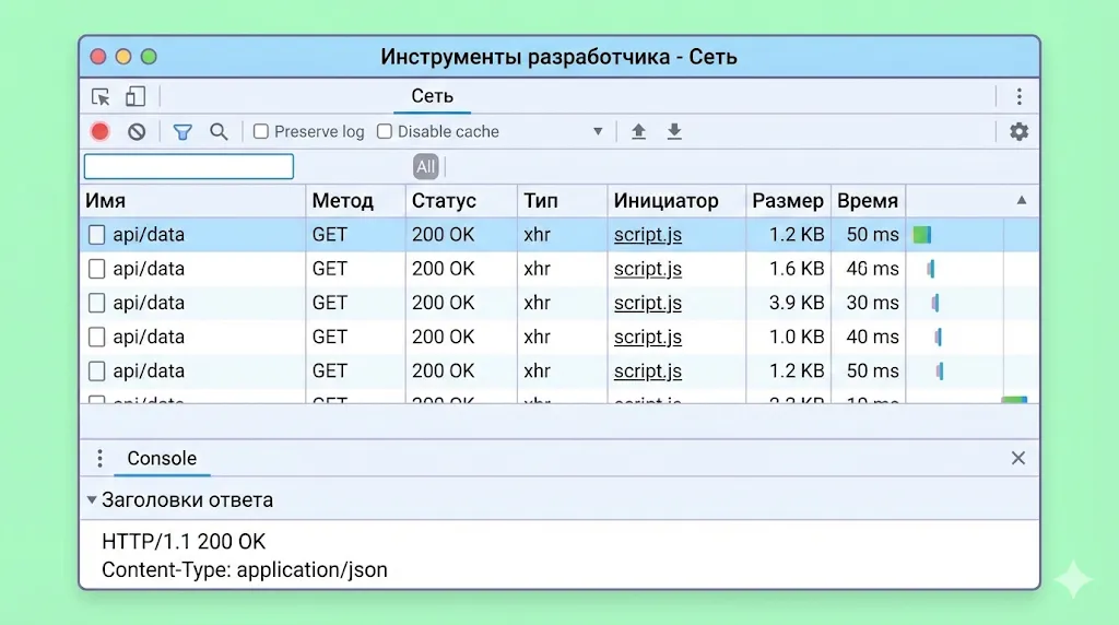 Вкладка Сеть в DevTools