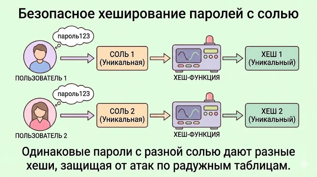 иллюстрация хеширования паролей с использованием уникальной соли.