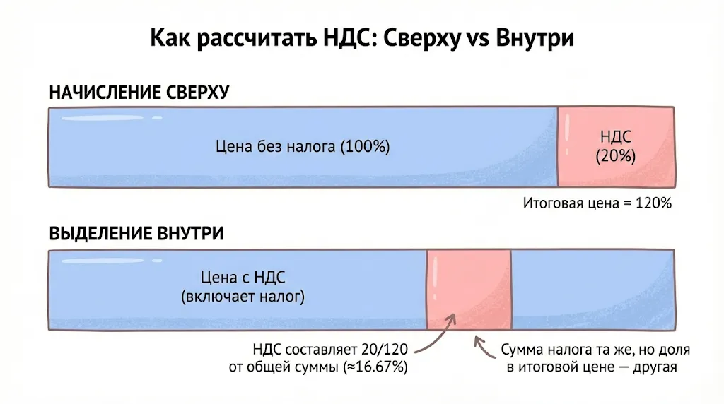 Диаграмма сравнения расчета НДС сверху и внутри цены.