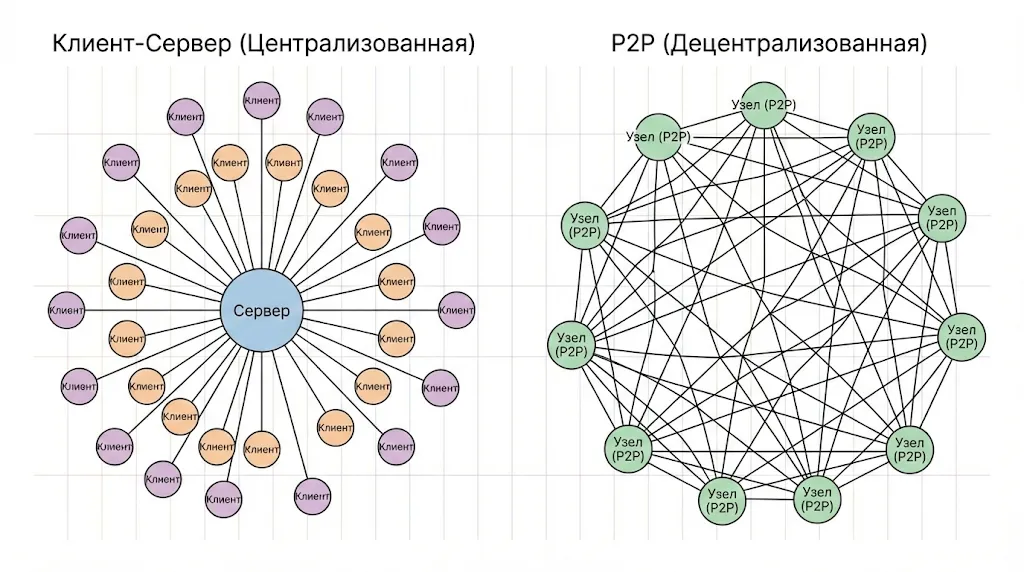 Сравнение топологий Клиент-Сервер и P2P