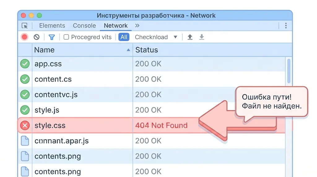Ошибка 404 в панели разработчика. 