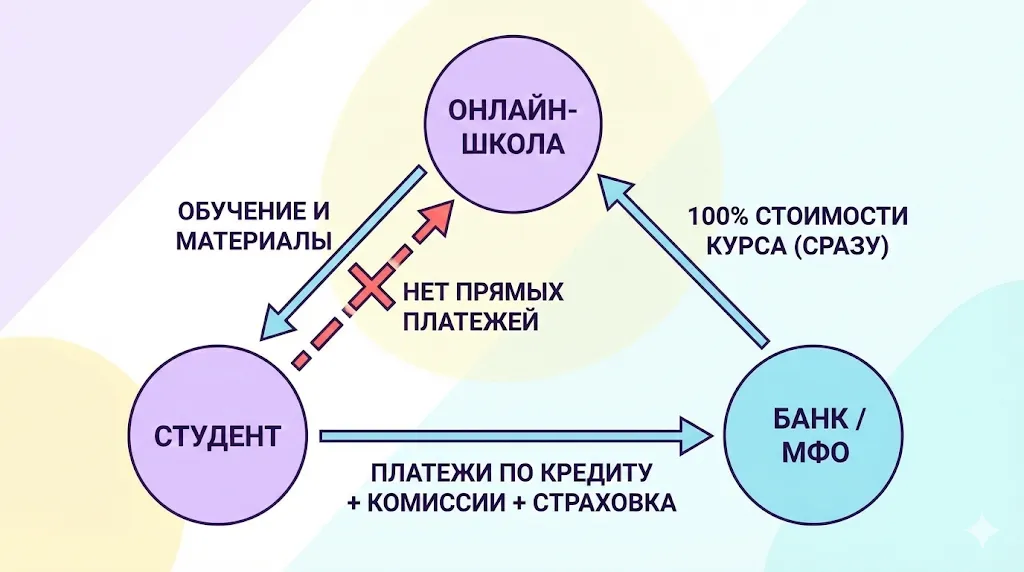 Схема взаимодействия между студентом, онлайн-школой и банком
