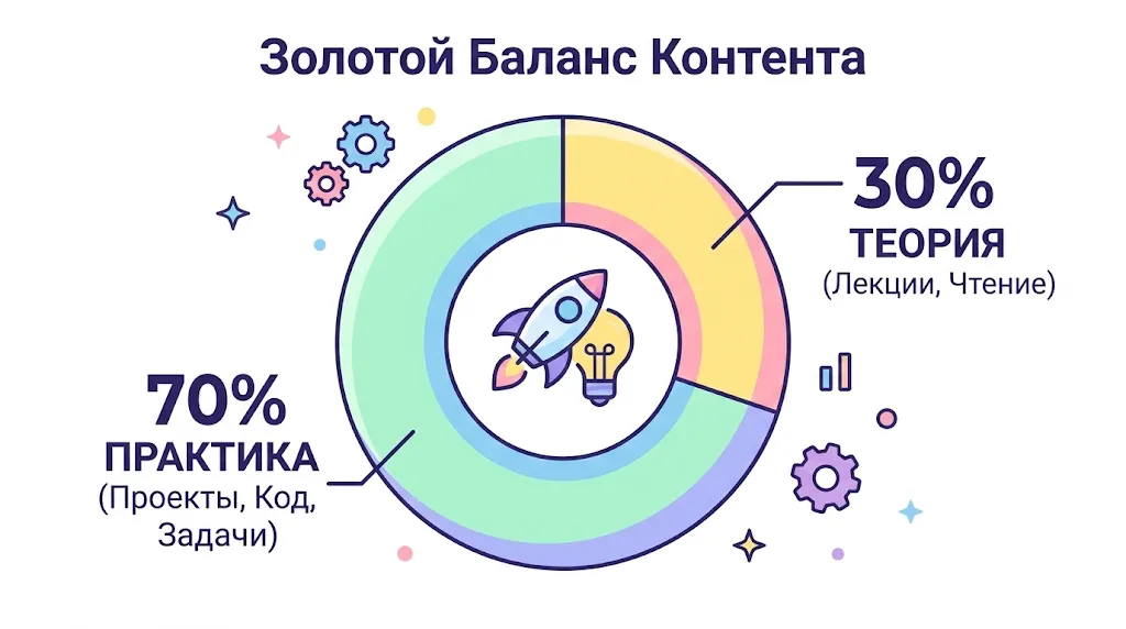 70% практики, 30% теории.
