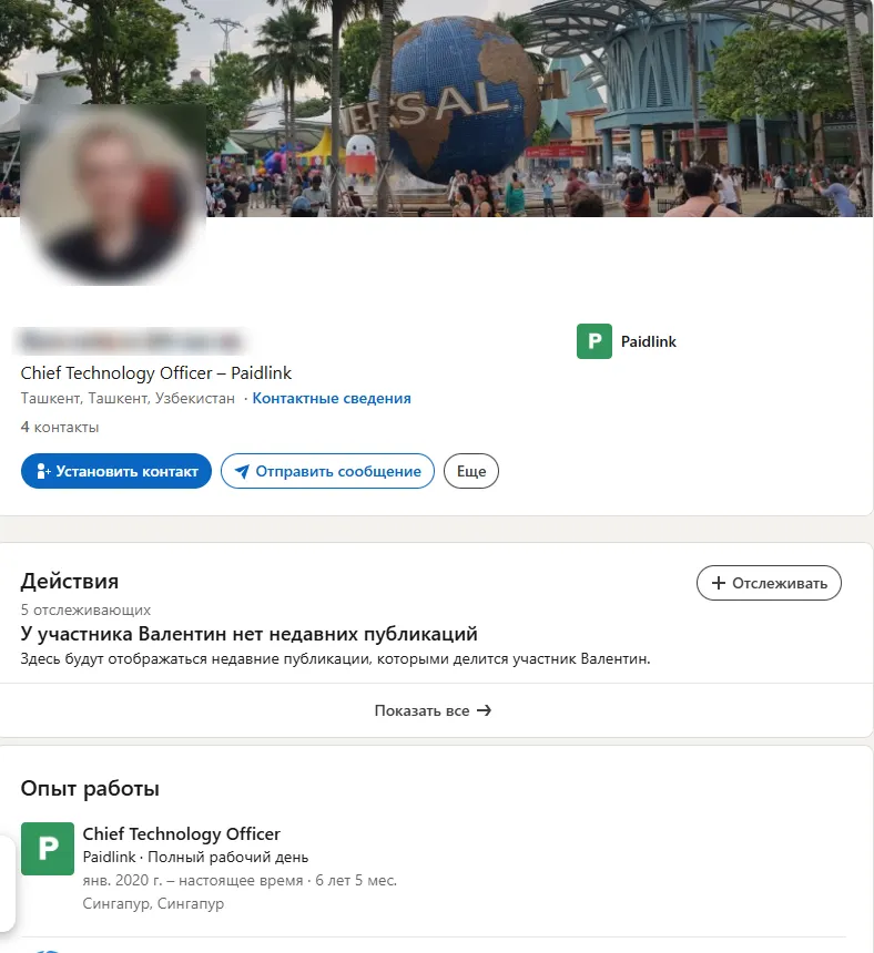 Пример профиля в Linkedin
